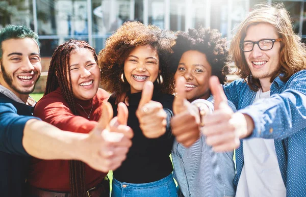 Were You Cropped Portrait Diverse Group College Friends Giving Thumbs — Stockfoto