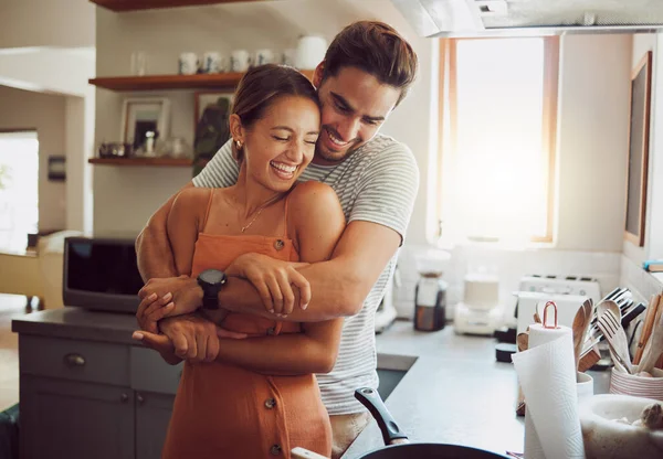 Love Romance Fun Couple Hugging Cooking Kitchen Sharing Intimate Moment —  Fotos de Stock