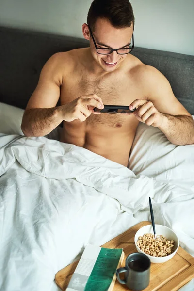 Start Day Book Breakfast Handsome Young Shirtless Man Taking Picture — Fotografia de Stock