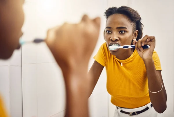 Brushing Teeth Dental Hygiene Oral Care Young Woman Looking Her — Stok fotoğraf