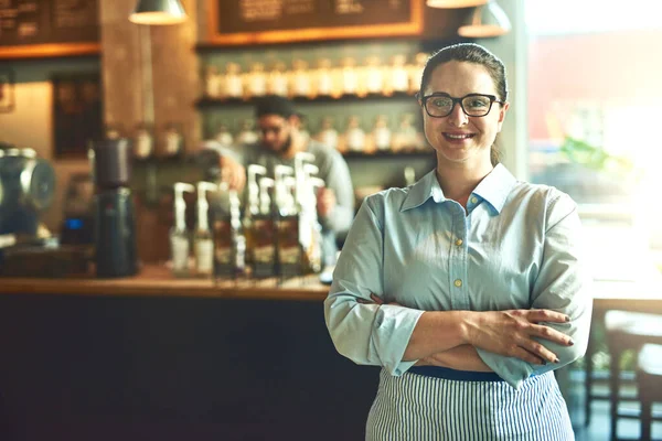 Managing Best Cafe Block Portrait Young Woman Working Cafe Her — Stock Photo, Image