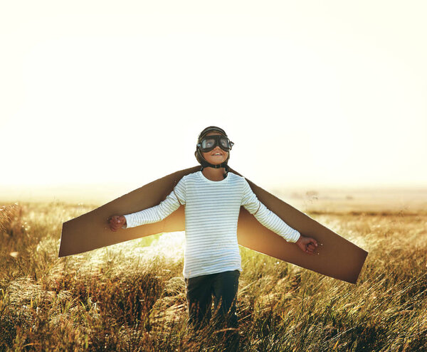 Spread your wings and soar. a young boy pretending to fly with a pair of cardboard wings in an open field