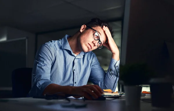 Tired Stressed Businessman Suffering Headache Working Late Night Office Serious — Foto Stock