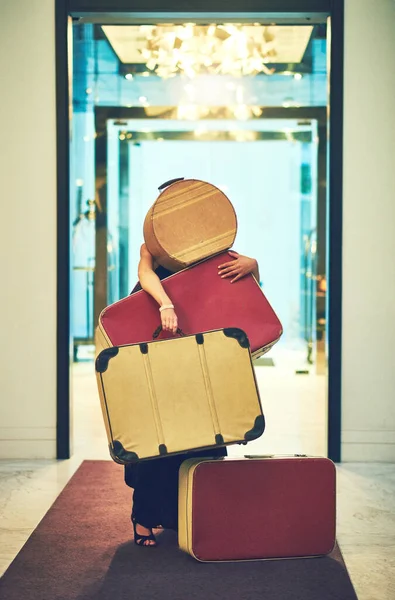 Traveling Lightly Unrecognizable Young Woman Carrying Whole Bunch Luggage While — Stockfoto