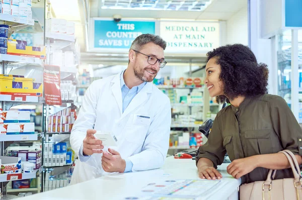 Take Two Meal Handsome Mature Male Pharmacist Helping Female Customer — Stock Fotó