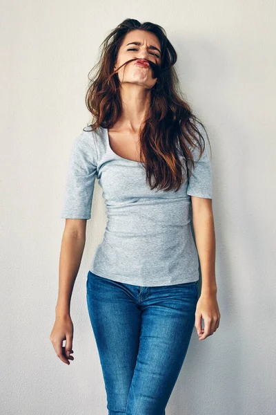 Can Entertain Myself Studio Shot Attractive Young Woman Posing Grey — Stock Fotó