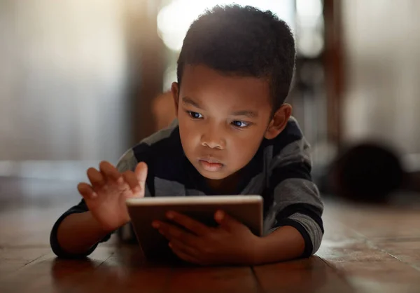 Kids Days Techno Savvy Young Boy Using His Digital Tablet —  Fotos de Stock