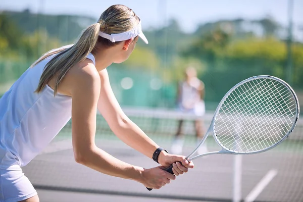 Active Female Tennis Player Back Motion Holding Racket Playing Game — Stok fotoğraf