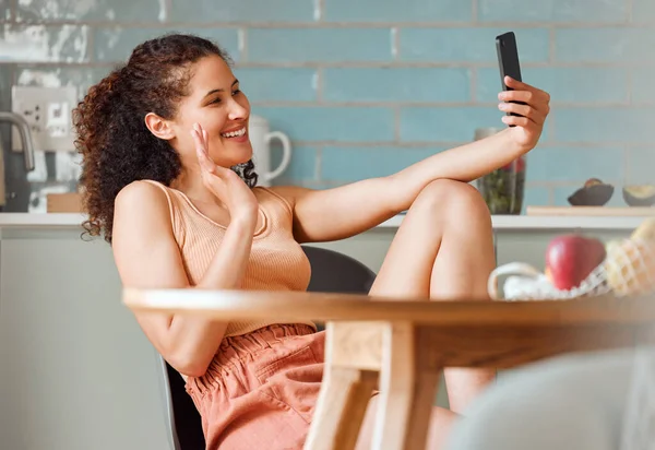 Woman Waving Video Call Phone Greeting Talking Online Chat Webcam — Foto Stock