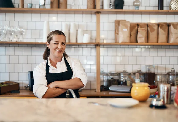 Business Owner Barista Standing Arms Crossed Looking Confident Proud While —  Fotos de Stock