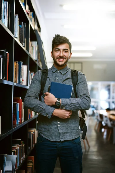 Total Dedication His Education Portrait Happy Young Man Carrying Books — Stockfoto