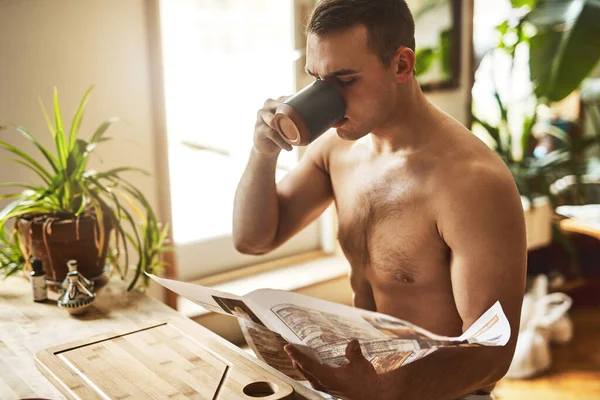 Nothing Cup Java Handsome Young Shirtless Man Drinking Cup Coffee — Fotografia de Stock