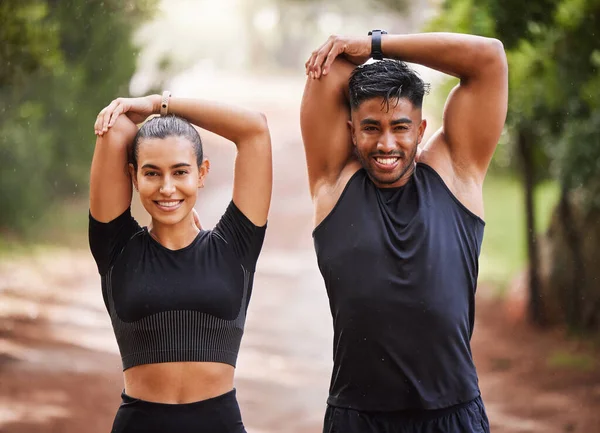 Fit Couple Active Athlete Friends Stretching Arms Exercise Warmup Outdoors — Fotografia de Stock