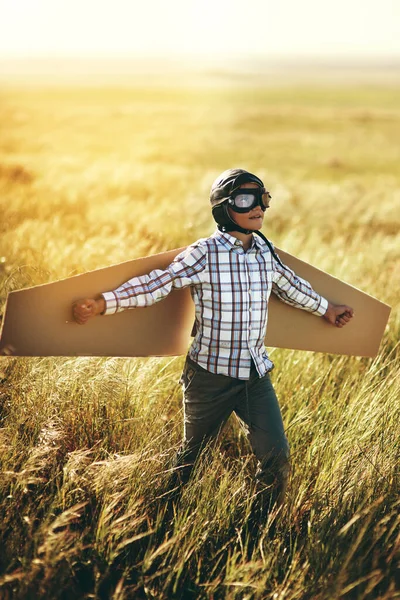 There world is filled with adventures worth exploring. a young boy pretending to fly with a pair of cardboard wings in an open field
