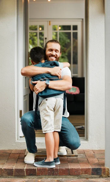 Hugging Love Care Father Son Bonding Outdoors Family Home Loving — Stock fotografie