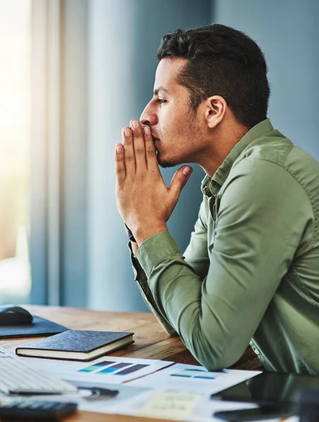 Comes Best Plans Focused Young Businessman Seated His Desk Contemplating — Fotografia de Stock