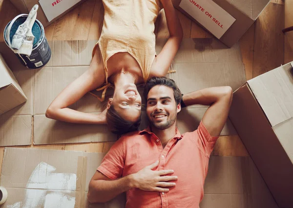 Home Improvement Renovation Remodeling Young Couple Lying Floor Together Home — Fotografia de Stock