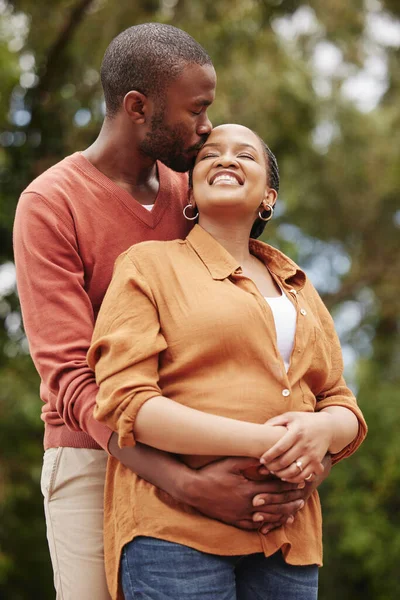 Affectionate Romantic Love Couple Hugging Kissing Enjoying Time Together Outdoors — Photo