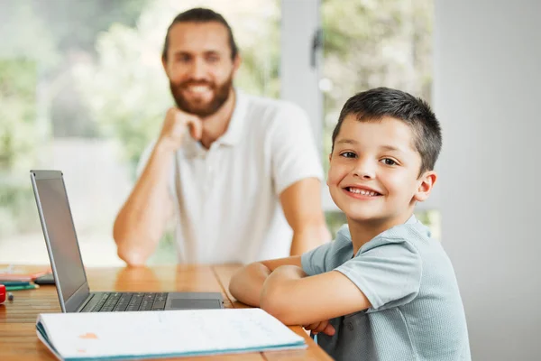 Learning Teaching Smiling Little Boy Doing Home School Work Online —  Fotos de Stock