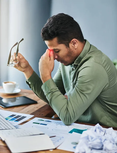 Headache Very Irritating Uncomfortable Young Businessman Holding His Forehead His — Stockfoto