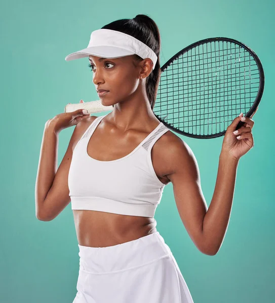 Stylish Athlete Female Tennis Player Holding Racket Looking Away Thinking — Photo