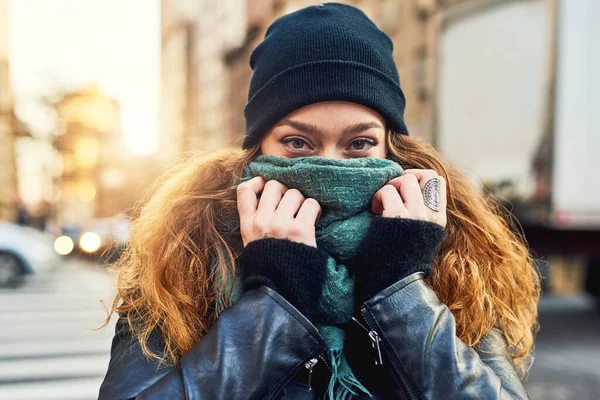 Just Another Urban Girl Woman Covering Her Mouth Her Scarf — Fotografia de Stock