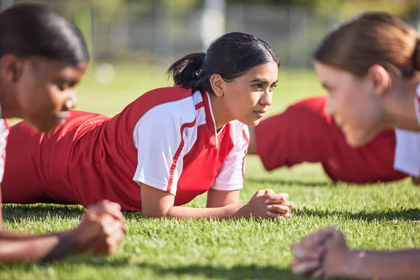 Women Soccer Players Team Doing Plank Fitness Exercise Training Together — Stok fotoğraf
