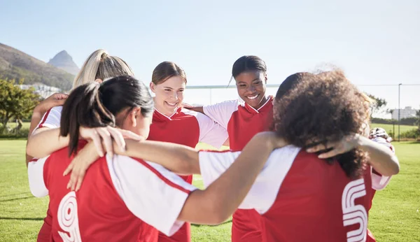 Female Soccer Football Team Huddle Support Motivation Celebration Circle Sports — Zdjęcie stockowe