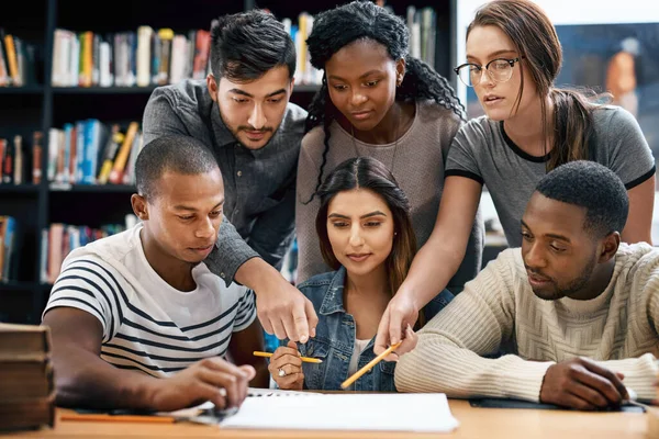 Teamwork Makes Assignment Work Group Young Students Working Assignment Together — Foto de Stock