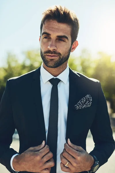 Dressed Success Handsome Young Corporate Businessman Public Park — Zdjęcie stockowe