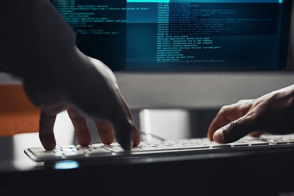 Cracking Network Every Hackers Craft Unrecognisable Hacker Using Computer Dark — Stok fotoğraf