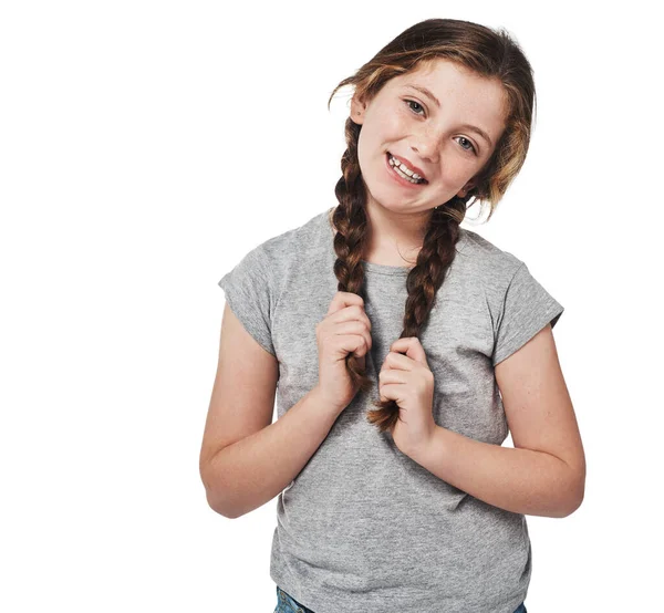 Подари Самое Симпатичное Студийный Портрет Счастливой Девушки Позирующей Белом Фоне — стоковое фото