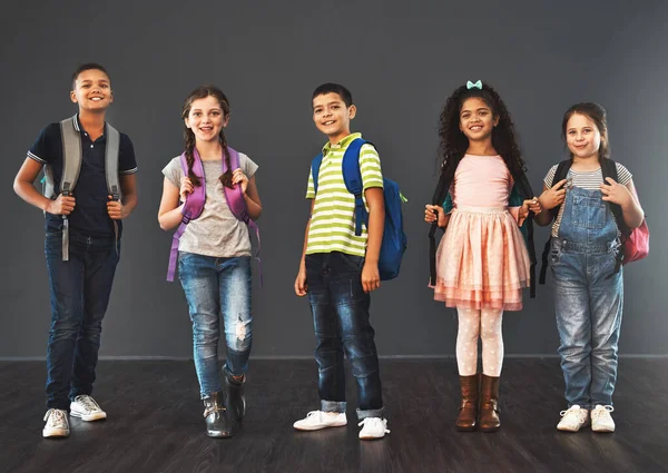 Today Start Something New Studio Portrait Diverse Group Kids Carrying — Stockfoto