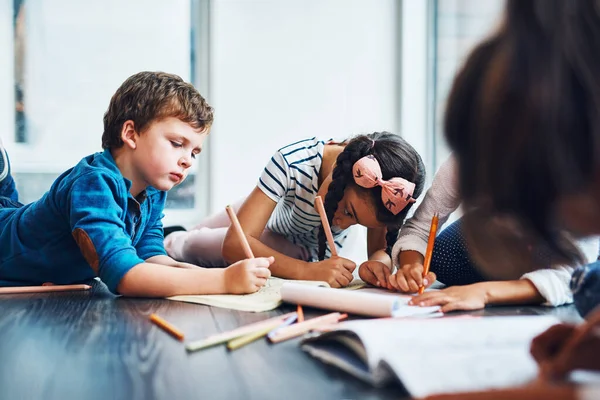 Love Being Creative Kids Coloring While Lying Floor — Foto Stock