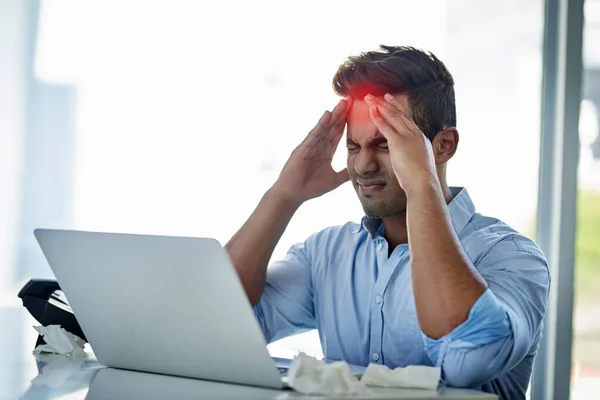 Hes Got All Achy Feeling Young Businessman Suffering Headache Work — Stockfoto