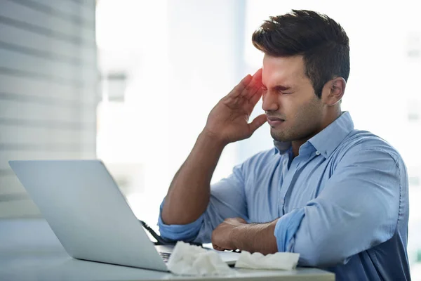 Its Hard Have Productive Day Headaches Strike Young Businessman Suffering — Stock fotografie