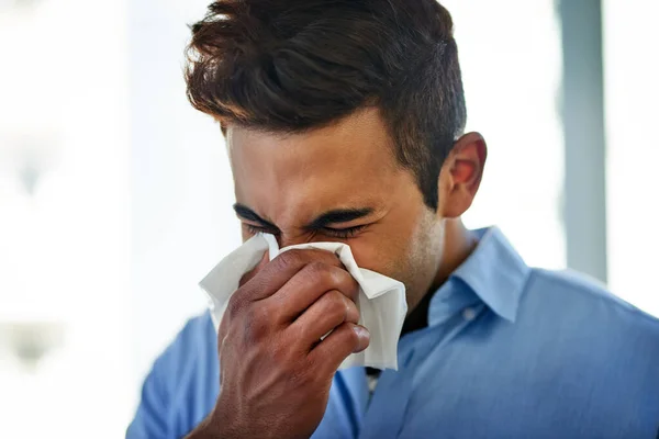 Flu Season Its Way Young Businessman Blowing His Nose Work — Fotografia de Stock