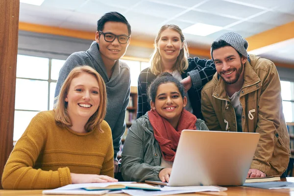 Work Together Succeed Together Portrait Cheerful Young Group Students Working — Stockfoto