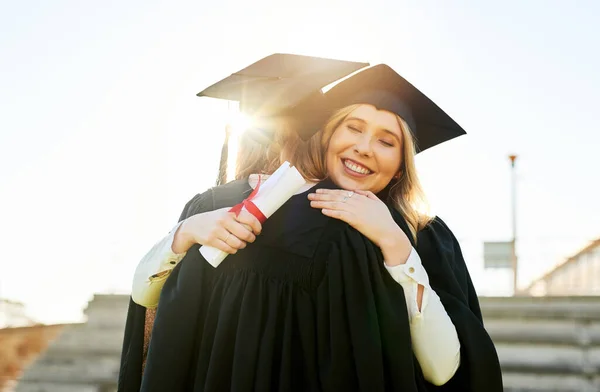 Happy Have Made Journey You Two Students Hugging Each Other — Foto Stock