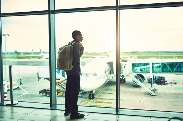 Waiting Till Take Flight Man Looking Window Airport — Foto Stock