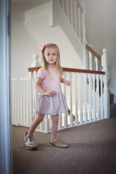 Learning Put Herself Someone Elses Shoes Adorable Little Girl Walking — Stok Foto