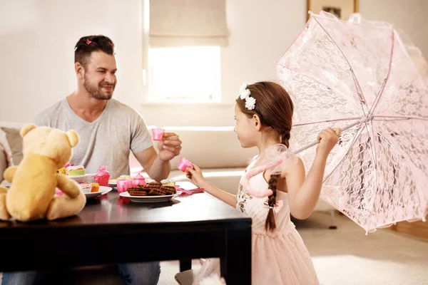 Cheers Princess Father His Little Daughter Having Tea Party Together — Stock Photo, Image