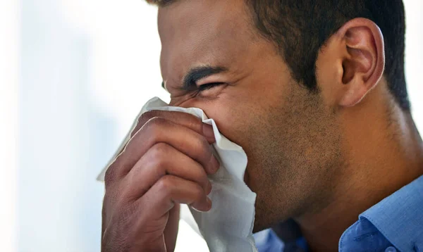 Struggling Fend Flu Season Young Businessman Blowing His Nose Work — Foto de Stock