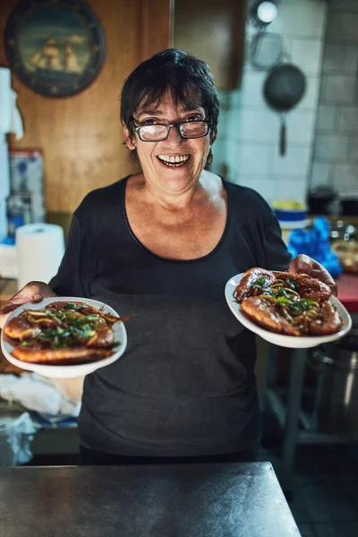 She Serves Best Dishes Mature Woman Working Restaurant —  Fotos de Stock