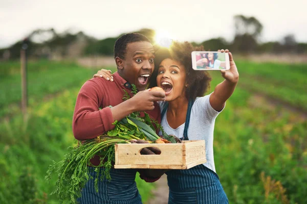 Yum Yum Affectionate Young Couple Taking Selfies While Working Farm — Stockfoto