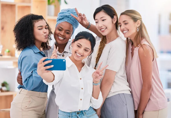 Fun Diverse Playful Team Selfie Phone Having Fun Goofing Making — Stock Photo, Image