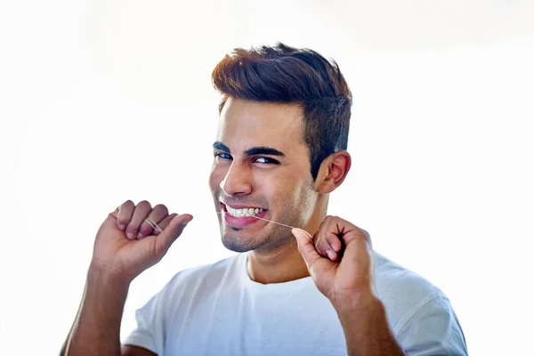 Best Smiles Brightest Portrait Happy Young Man Flossing His Teeth — Foto Stock