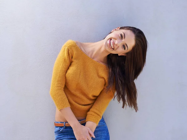 Shes Delight Portrait Beautiful Young Woman Laughing While Standing Gray — Zdjęcie stockowe