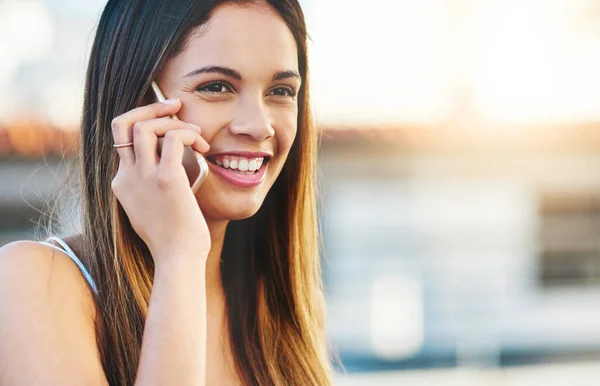 Connected Globe Attractive Young Woman Making Phone Call While Standing — Stockfoto