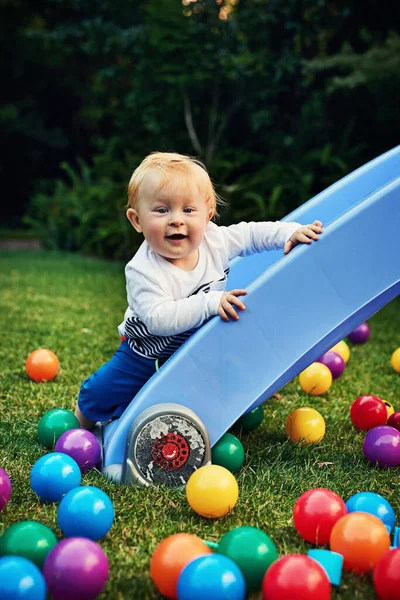 What Goes Must Come Adorable Little Boy Playing Backyard —  Fotos de Stock